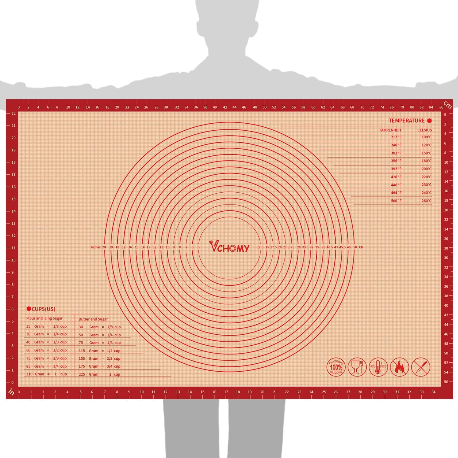 Skiennix Extra Large Silicone Pastry Mat - Non-Slip Baking Mat with Measurements | 36x24 Inch, Red