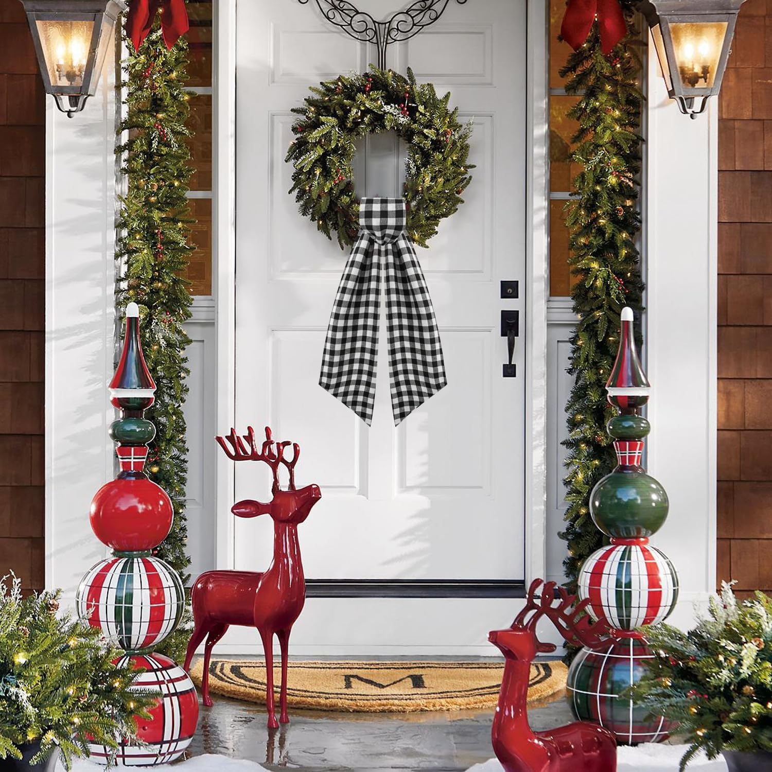 Skiennix 2 Pack Wreath Sash - Stylish Boxwood Garland for Front Door Decor | White & Black Plaid