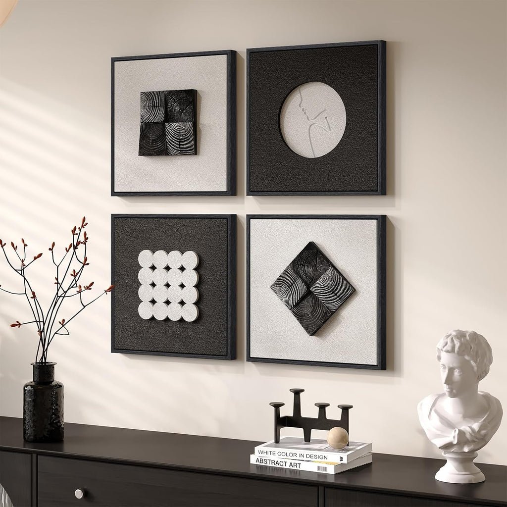 Skiennix 3D Wood Textured Black & White Wall Art Set - Modern Abstract Geometric Paintings for Home Decor