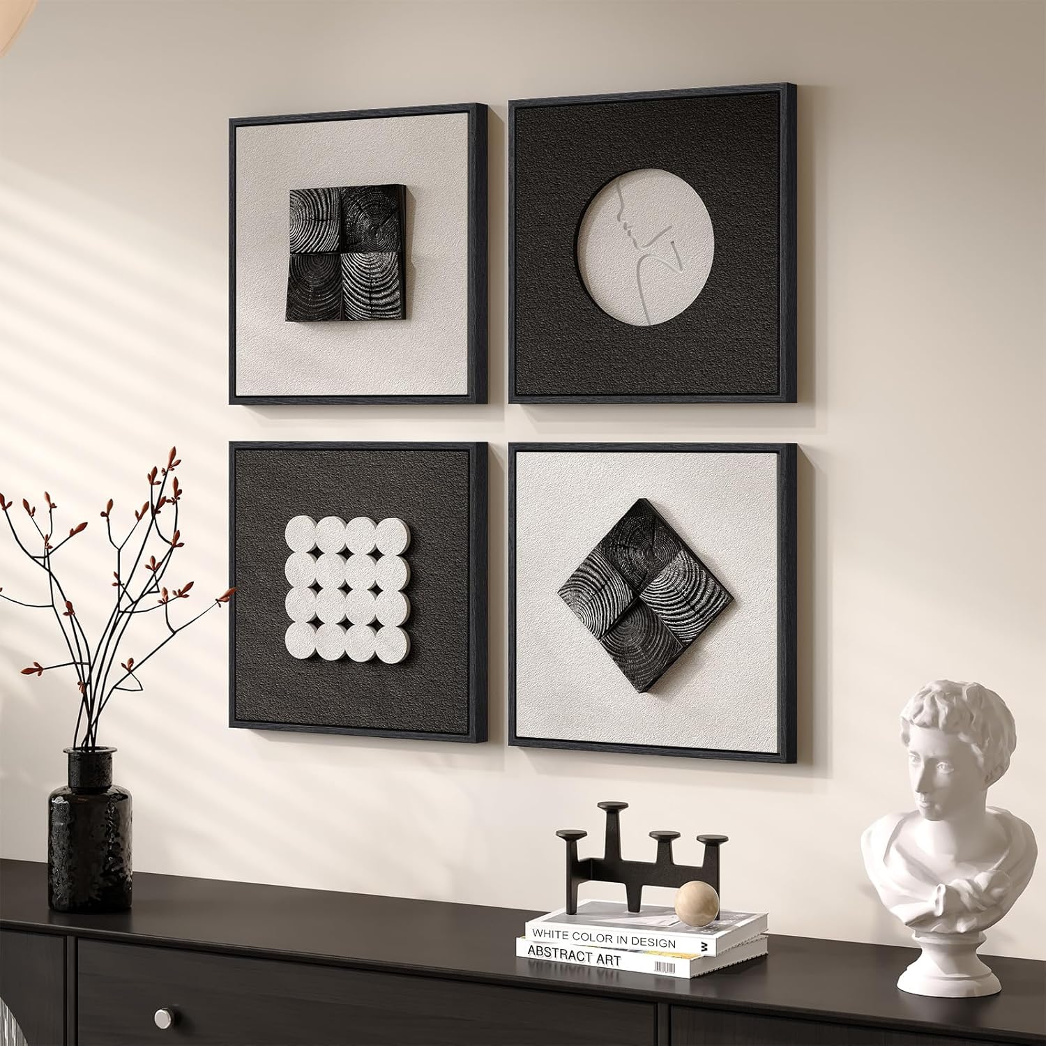 Skiennix 3D Wood Textured Black & White Wall Art Set - Modern Abstract Geometric Paintings for Home Decor