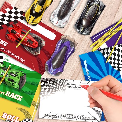 OCHIDO Valentines Day Cards for Kids with Die-Cast Racing Cars, 24 Packs Valentines Day Gifts for Kids Classroom Exchange, School Class Prizes, Valentines Party Favors for Boys and Girls