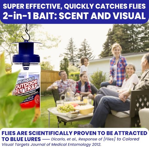 2 Fly Traps Outdoor - Non-Toxic Dissolvable Bait Refills | Reusable Hanging Bug Catcher for Patio