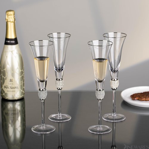 4 Piece Elegant Crystal Set Wedding Champagne Glasses with Diamond Rhinestone Accents and a Polished Gold Rim - 11 in Tall with Slender Long Stems, 7 oz - Chic Toasting Set for the Bride and Groom
