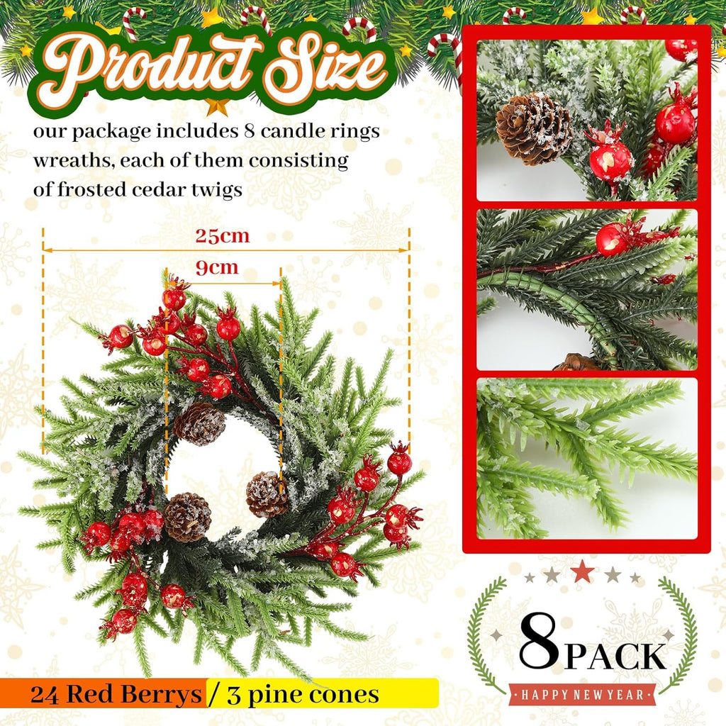 Regine Switzerland 8 Pcs Christmas Candle Rings - 10 Inch Artificial Berries & Pine Cone Wreaths for Rustic Holiday Centerpieces