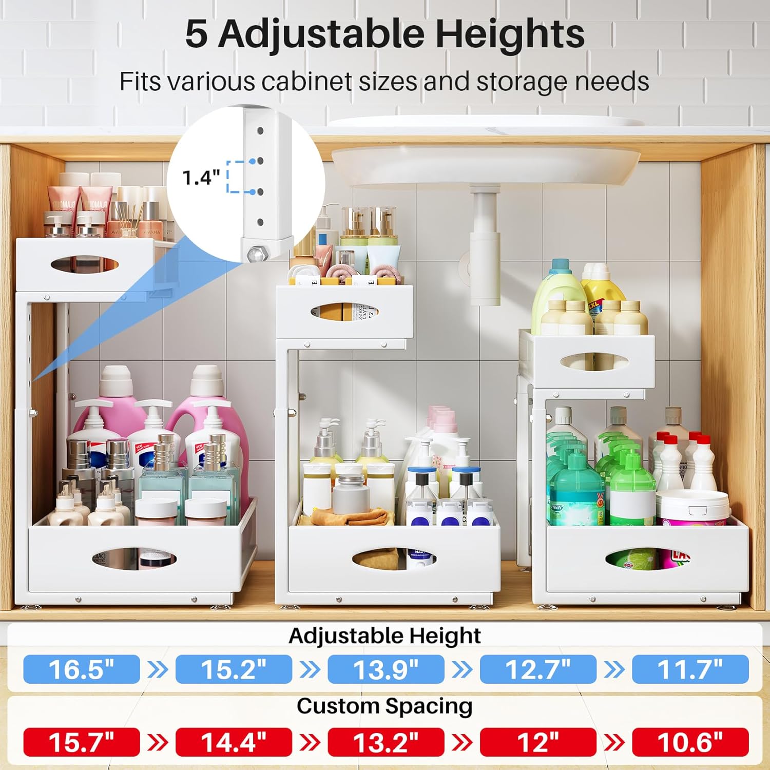 Under Sink Organizer | 2-Pack 2-Tier Pull-Out Shelf with Metal Slides & Mesh Drawers - White