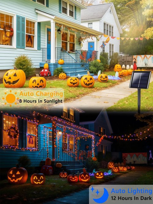 4 Pack 180FT Halloween Solar Lights Outdoor Waterproof, 320LED Orange and Purple Solar String Lights Green Wire 8 Modes, Solar Fairy Twinkle Lights for Halloween Tree Garden Horror Party Decorations