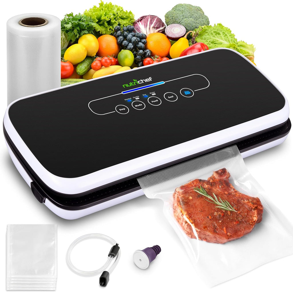 NutriChef Vacuum Sealing System - Automatic Food Preservation with Starter Kit | Compact Design, Black