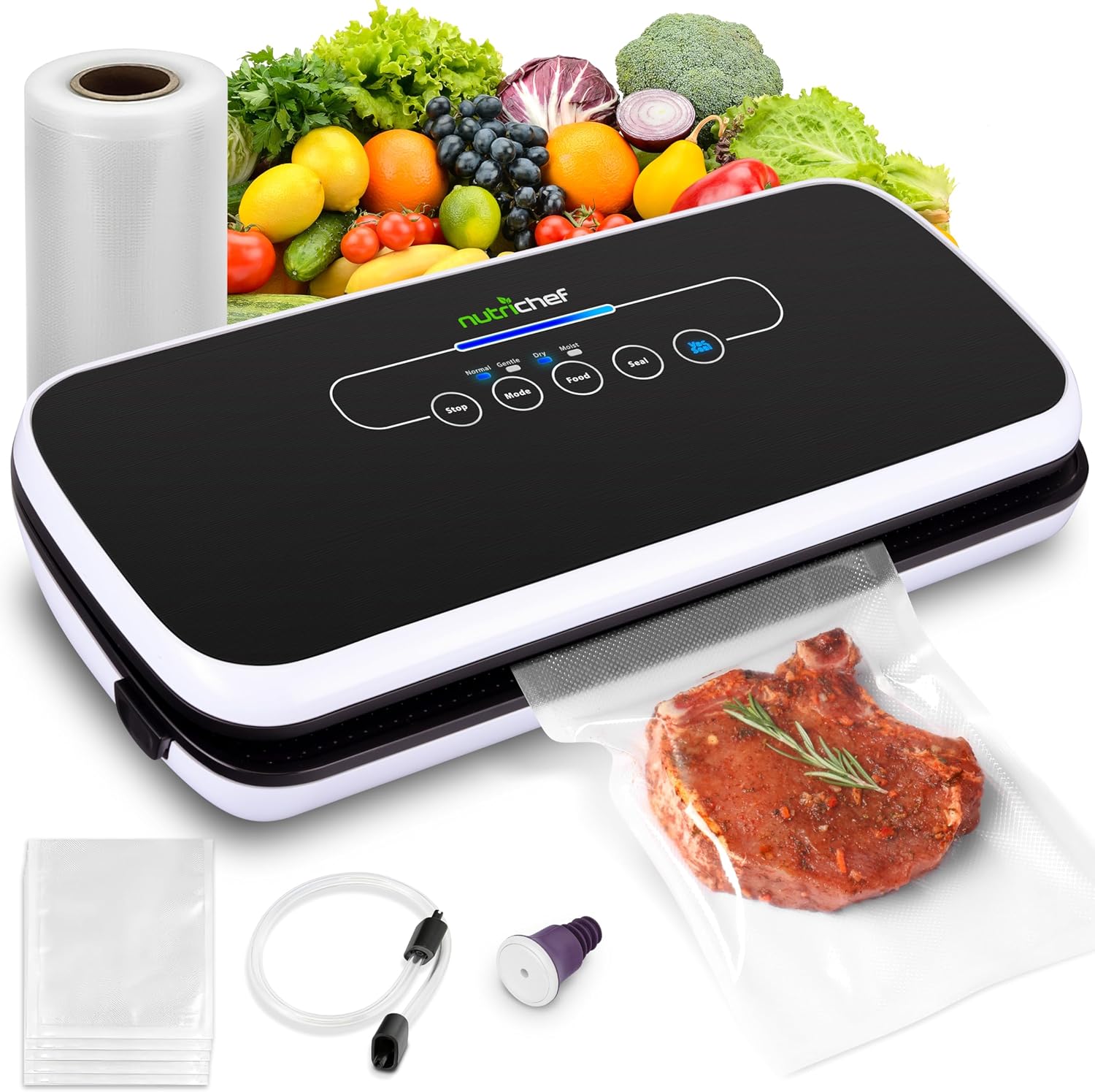 NutriChef Vacuum Sealing System - Automatic Food Preservation with Starter Kit | Compact Design, Black