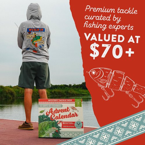 Mystery Tackle Box 12 Days of Fishmas Advent Calendar – Bass Fishing Lure Gift Set with 35 baits & lures including 10 Premium Baits, Holiday Decal & Meateater Trivia Pack
