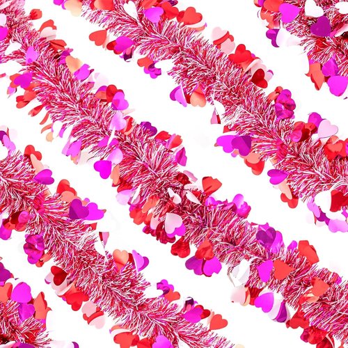 33ft Valentine Garland, Metallic Tinsel Decor |Red, Pink & White Sparkling Heart Garland with Glitter, Perfect for Wall, Party, and Photo Backdrop Valentine's Day Decorations.