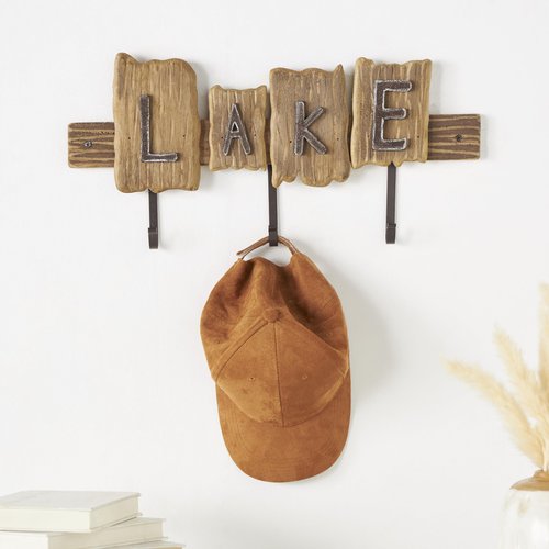 Deco 79 Wood Handmade Live Edge Lake Sign 3 Hanger Wall Hook with Metal Accents, 19" x 9" x 2", Brown