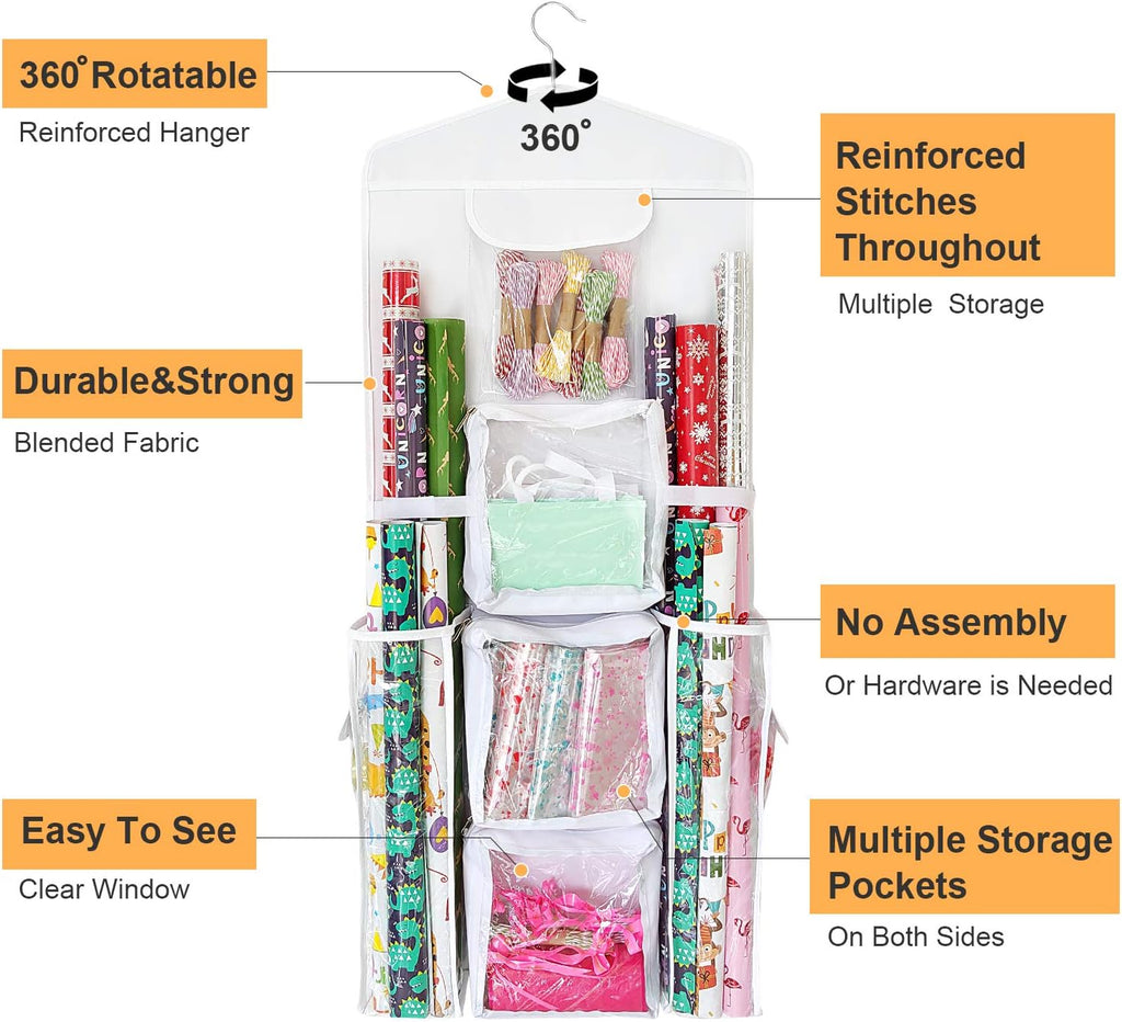 SumDirect Gift Wrap Organizer - Double-Sided Hanging Storage for Wrapping Paper & Gift Bags - White