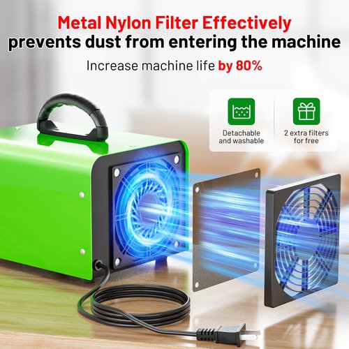 Ozone Generator 90,000mg, 3-Level Ozone Adjustment and Triple-Layer Ozone Output Board–Ozone Machine for Areas Up to 5,500 sq. ft,Ozone Odor Eliminator for Home, Cars, Rooms, Smoke, and Pet (Green)