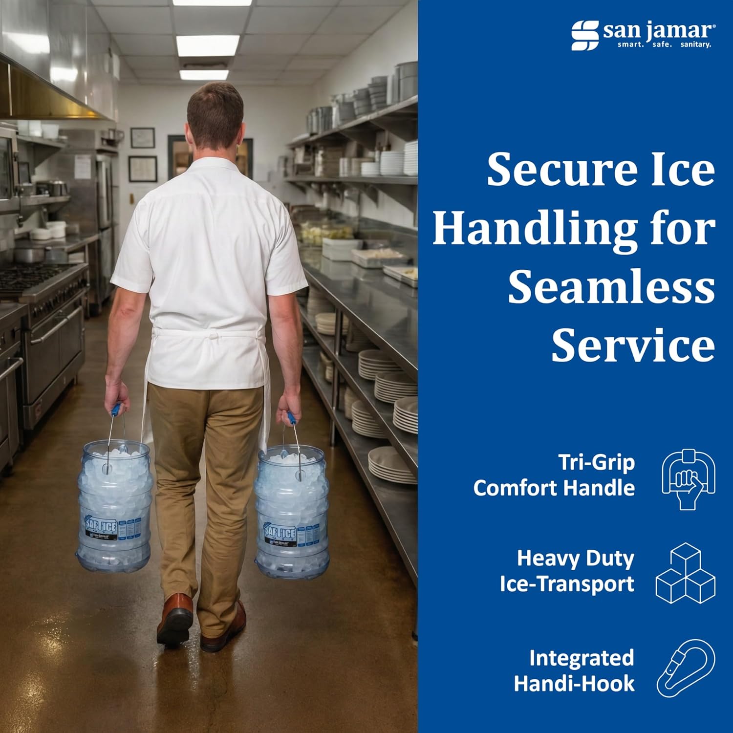 San Jamar Saf-T-Ice Ice Tote with Ice Machine Hanger for Bars, Restaurants, Kitchens, And Fast Food, Polycarbonate, 6 Gallons, Blue, (Pack of 2)