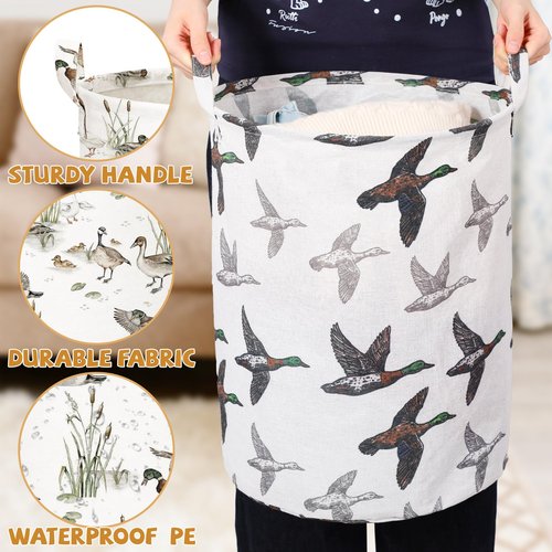 Weysat 4 Pcs Mallard Duck Laundry Basket Round Laundry Hamper Easter Basket Stuffer Waterproof Collapsible Clothes Storage Bin Organizer with Handles for Home Closets Bedrooms Nursery Room Decor