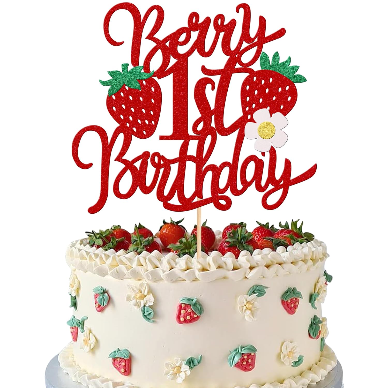 Skiennix 1st Birthday Cake Topper - Glittery Strawberry Design for Sweet Fruit Theme Party