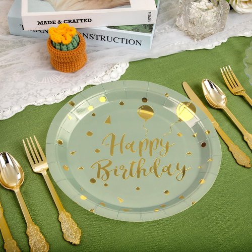 50 Pack Sage Green and Gold Happy Birthday Paper Plates, 7 inch Metallic Foil Polka Dots Disposable Dessert Party Supplies Plates for Graduation St Patricks Wedding Holiday Christma Party Decorations