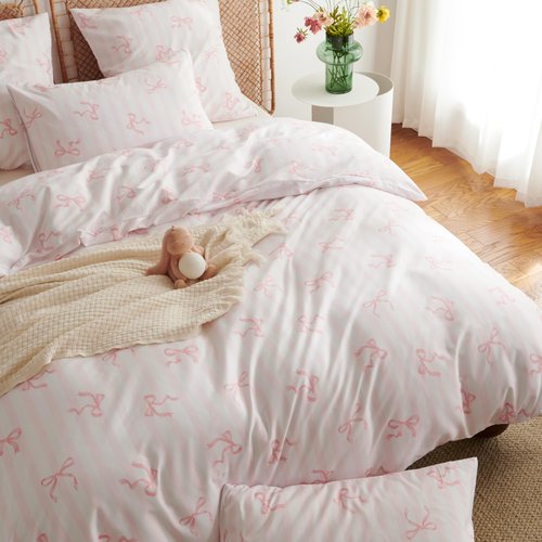 Bildenly Bow Duvet Cover Full Size Pink Striped Bowknot Bedding Set Kids Girls Cute Bows Vertical Stripes Soft Breathable Microfiber Comforter Cover Set with Zipper Closure and 2 Pillowcases