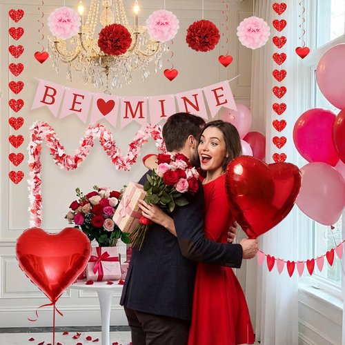 Valentines Day Decorations Set-Assembled Hanging Heart Swirls，BE Mine Banner，Heart Tinsel Garland，Love Heart balloon for Anniversary Wedding Romantic Valentine Party supplies