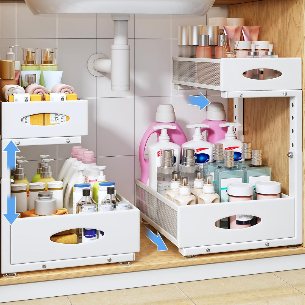 Under Sink Organizer | 2-Pack 2-Tier Pull-Out Shelf with Metal Slides & Mesh Drawers - White
