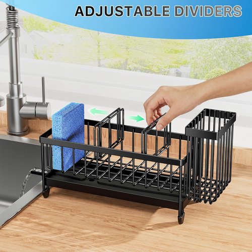 Cisily Kitchen Sink Sponge Holder - Rustproof 304 Stainless Steel Caddy Organizer | Black, 9.25”