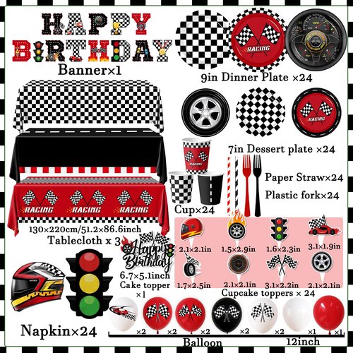 Race Car Birthday Party Decorations,185pcs Cars Birthday Decorations Plates and Napkins Cups Tablecloths,Cake Topper,Balloon for Racing birthday Decorations,Serves 24