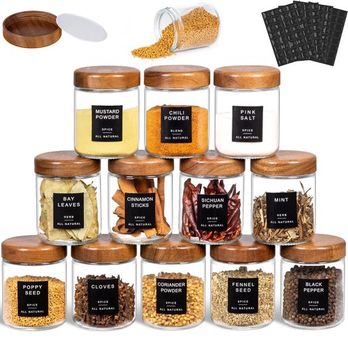 Yangbaga 12Pcs Glass Spice Jars with Labels-8oz Acacia Wood Lid Square Spice Containers,Seasoning Jars for Rack Cabinet Drawer,KitchenPantry Daily Use