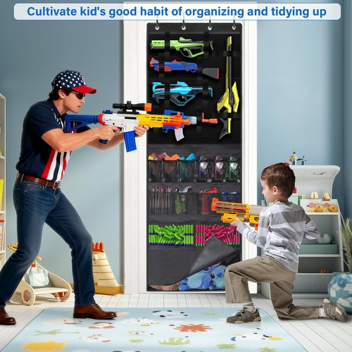 Over the Door Organizer for Toy Guns, Toys Storage Back of Door Hanging Organizer with Large Capacity Pockets and Adjustable Straps, for Kids Foam Blasters, Darts, Goggles and Toys Gun Accessories