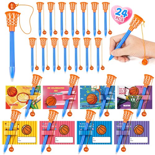 24 Pcs Valentine’s Day Basketball Hoop Pens Bulk with Greeting Cards Basketball Themed Party Favors Sport Novelty Pens School Classroom Office Gifts Exchange Goodie Bag Stuffers for Kids Teens Adults