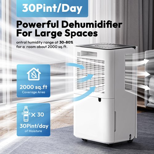 2000 Sq.ft Dehumidifier for Basement, LUKO 30 Pint Dehumidifier with Drain Hose for Continuous Drainage, Intelligent Humidity Control Panel and 24H Timer, 3 Modes, Child Lock, Auto Defrost