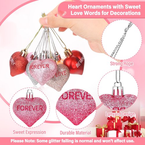 56PCS Valentines Tree Decorations Heart Ornaments, 8 Styles Valentines Day Heart Shaped Ornaments with Sweet Love Words Heart Baubles for Romantic Valentines Tree Decor Wedding Anniversary Decor