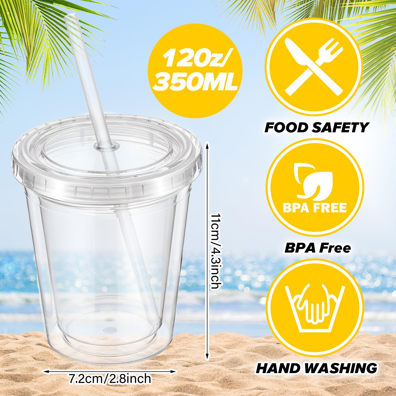 wutfuooo 6 Pcs Clear Tumblers with Lid and Straw for Kids, 12 oz Insulated Acrylic Double Wall Cups Toddlers Reusable Plastic Cup Kids Bulk