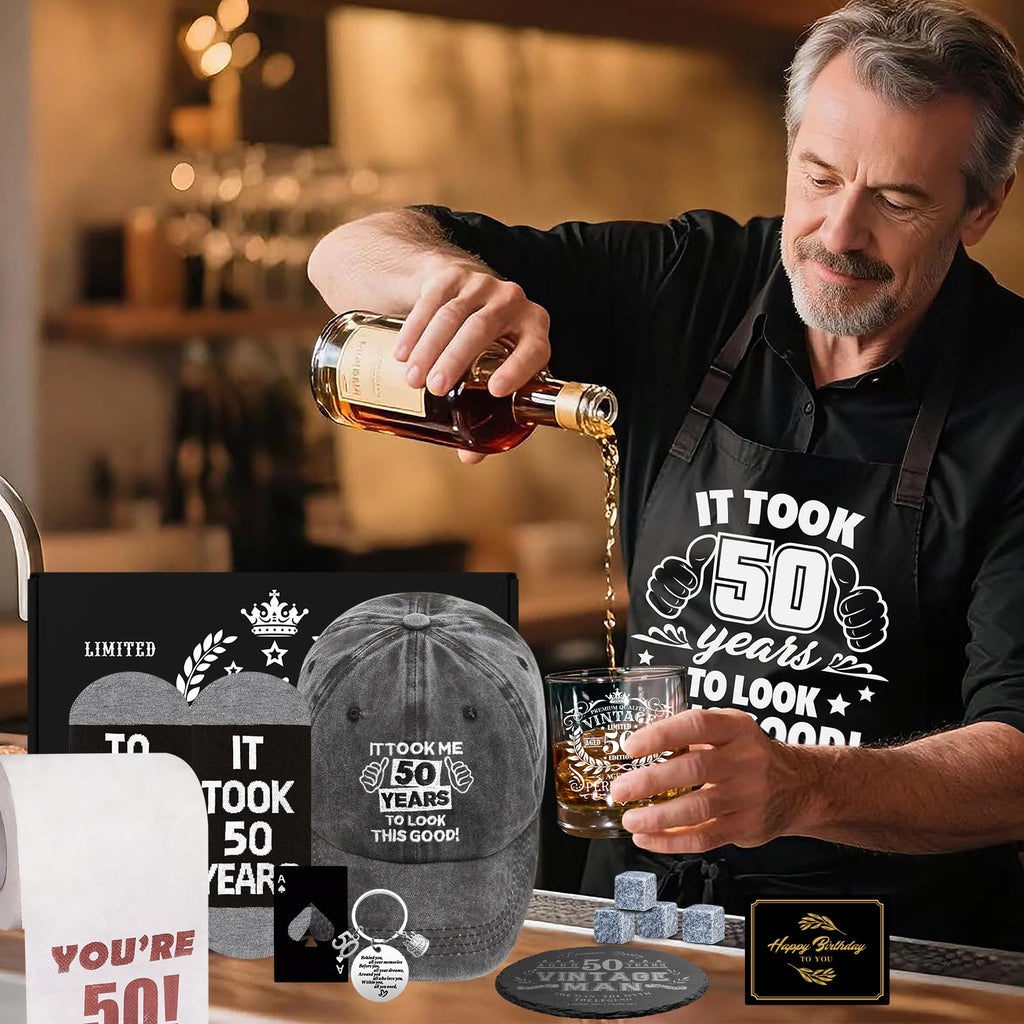 NVTROVI 50th Birthday Gifts for Men Whiskey Glass Set, 50th Birthday Party Supplies with 11 Oz Whiskey Glass Coaster Stone Baseball Cap Apron Sock Toilet Paper Keychain for Him, Dad, Husband, Friends