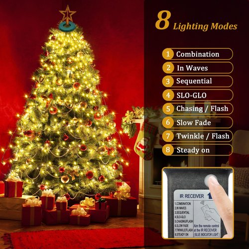 VIL Christmas Tree Lights with Ring,8.2Ft 16 Line 448 LED Green Wire Fairy Waterfall String Light Plug in,Dimmable Cascading Lights with 8 Lighting Modes for Indoor Outdoor Xmas Tree(Warm White)