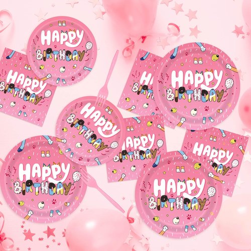 96Pcs Cartoon Pink Dog Tableware Set Disposable Dinnerware for Girls Birthday Party Bday Pink Decorations with Plates and Napkins Sets Serve 24 Guests