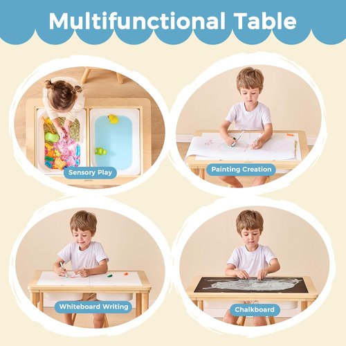 Bateso Sensory Table for Toddlers 1-3 with 2 Chairs & Roll Paper, Wooden Kid Activity Table Chair Set with Double-Sided Boards and 2 Storage Bins for Sand and Water Play