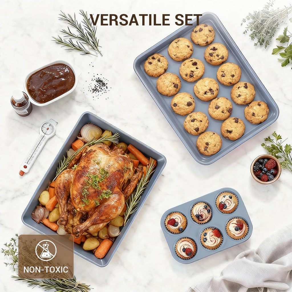 Ammeloo 22-Piece Non-Stick Baking Pans Set - Stackable Bakeware with Oven Mitts & Utensils | Gray & Stone Black