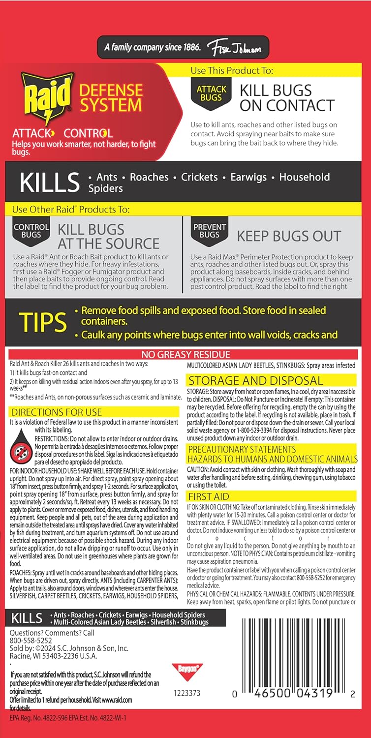 Raid Ant & Roach Bug Spray - Water-Based Insecticide Kills On Contact | 17.5 oz, No Greasy Residue