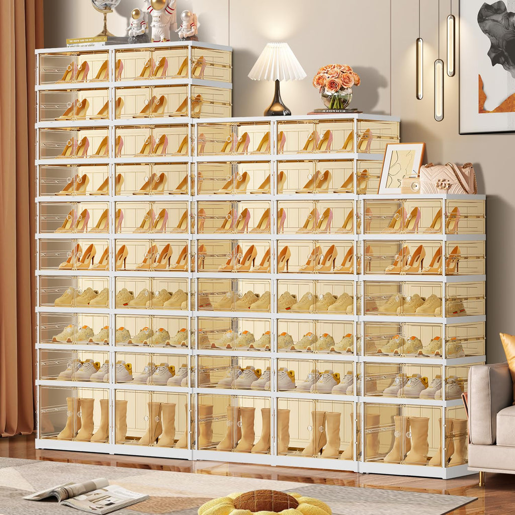 EHAMILY 6 Tiers 6-12 Pairs Foldable Shoe Boxes Large Plastic Shoe Storage Rack Collapsible Shoe Organizer for Closet Tall Shoe Shelf Clear Stackable Shoes Cabinet with Doors Entryway
