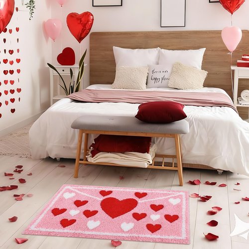 Lyrow Envelope Red Heart Tufted Bath Mat 17"x 29" Absorbent Love Heart Rug Red Pink White Non Slip Bath Rug Washable Front Door Mat for Wedding Home Bedroom Bathroom Decor