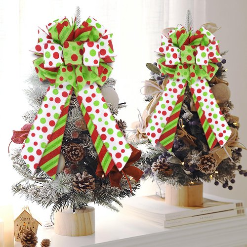 2 Pack Red Green Christmas Bows for Wreaths, Pre-Assembled 10 x 18 Inch Large Christmas Tree Topper Bow Ribbon Xmas Decorations Glitter Polka Dots Ornaments for Trees Garlands Indoor Outdoor Decors