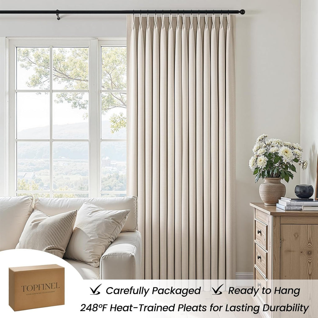 Topfinel Oatmeal Blackout Curtains - Energy-Efficient Pinch Pleated Drapes | 84" Long, Flax Linen, 2 Panels Set
