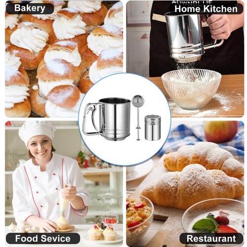 Flour Sifter Stainless Steel,3 Cup Flour Sifters for Baking,3 in1 Sifter for Baking with Powdered Sugar Shaker Duster, Flour Shaker Duster for Baking Cakes, Pastries, Pies, Cupcakes and Desserts