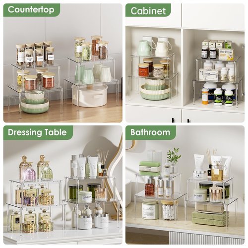 Delamu Clear Kitchen Cabinet Organizer, Set of 4 Acrylic Shelf Organizer for Cupboard Organizers and Storage, Stackable Cabinet Shelf for Plate, Dish, Bowl, Cup & Mug, 11.7" W x 7.7" D x 6.3" H