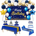 Birthday Decorations Navy Blue Gold - Happy Birthday Banner, Sash, Balloons, Tablecloth, Cake Topper, Candles,Table Decorations - 35pcs Party Decor for Men and Boys