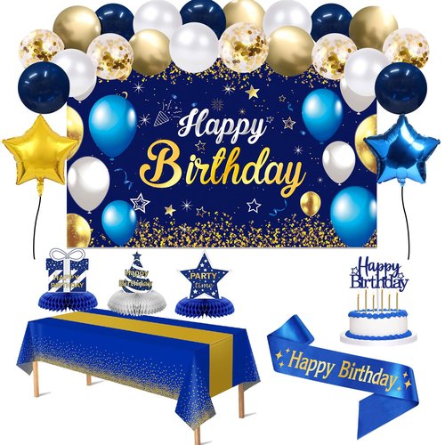 Birthday Decorations Navy Blue Gold - Happy Birthday Banner, Sash, Balloons, Tablecloth, Cake Topper, Candles,Table Decorations - 35pcs Party Decor for Men and Boys