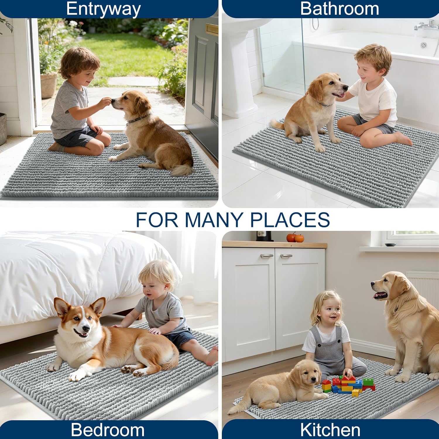 OLANLY Dog Door Mat - Ultra Absorbent Chenille Mud Doormat | Non-Slip & Washable 30x20, Grey