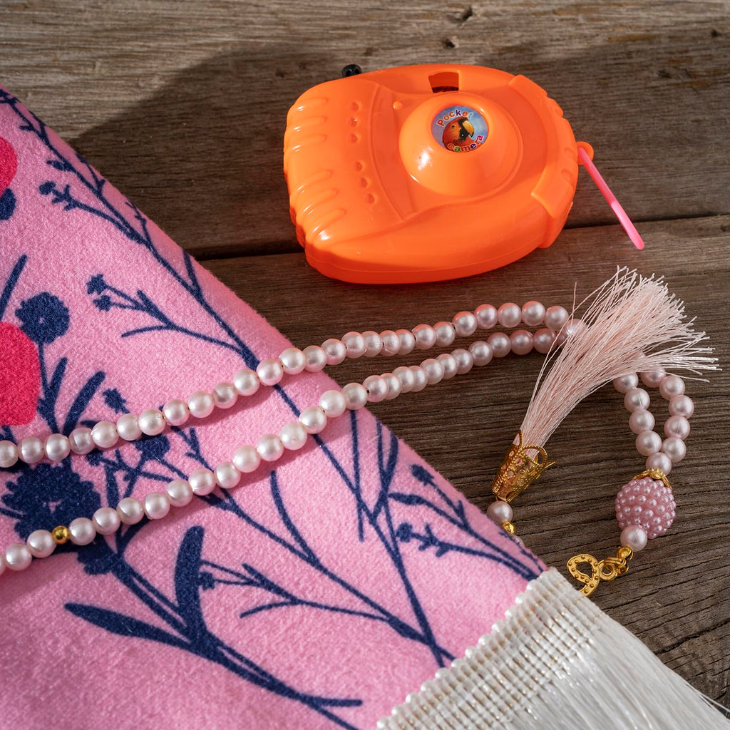HSR Kids Prayer Mat Muslim with Islam Prayer Beads - Islamic Gifts with Toy Camera, Travel Prayer Mat for Kids Prayer Rug with Box, Portable Prayer Matt Islam, Pink