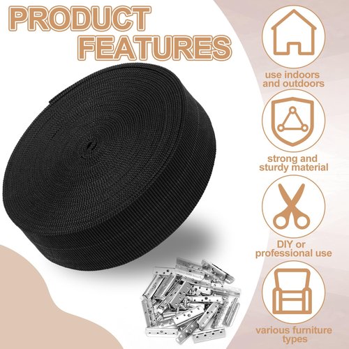 Threehoney 2 Inch Wide x 40 ft Chair Webbing Replacement Kit Upholstery Webbing Elastic Band to Repair Sagging Couch Chair Patio Furniture Metal Clips Patio Strap Repair Kit for Furniture(Black)