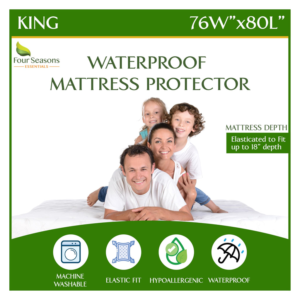 Four Seasons Essentials King Size Waterproof Mattress Protector - Cooling Viscose derived from Bamboo Fitted Sheet Mattress Cover - Quilted Jacquard Pad Protects from Dust Allergens